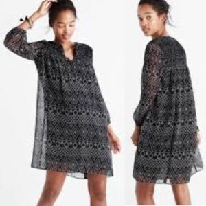 Madewell Long 3/4 Sleeve Mini Dress Smock Sheer Lined Black & White Medium